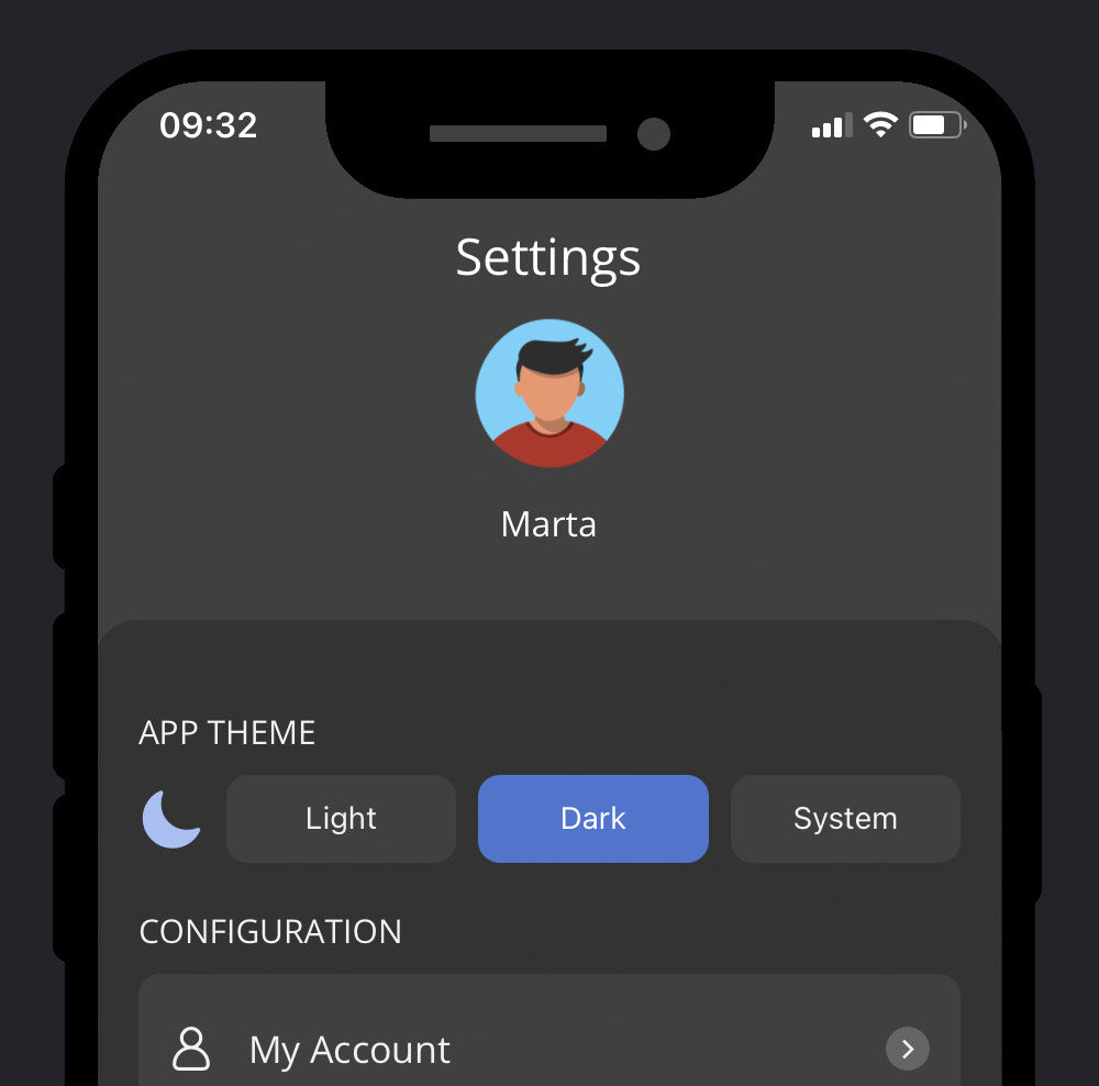 iotty app disponible en tema claro y oscuro para facilitar la lectura y ahorrar batería