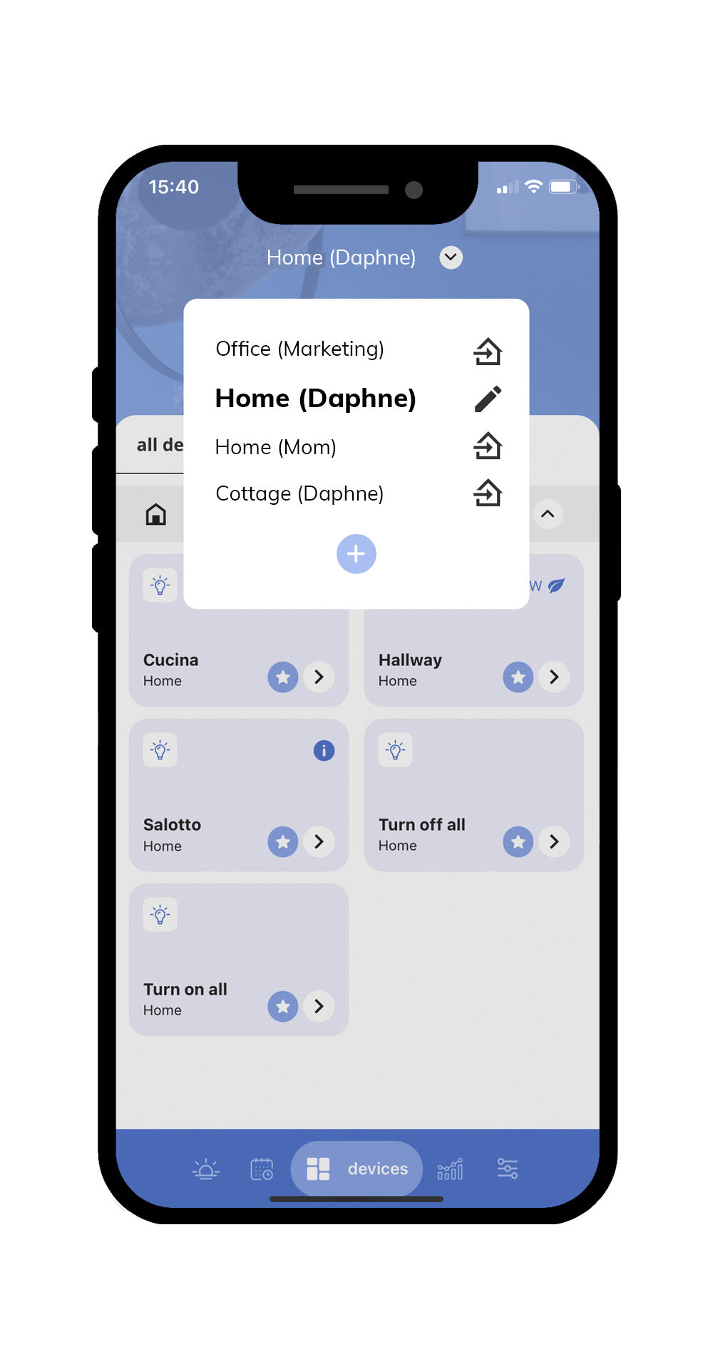 App oficial iotty disponible en iOS y Android fácil de usar para gestionar tus dispositivos domóticos en diferentes hogares y oficinas